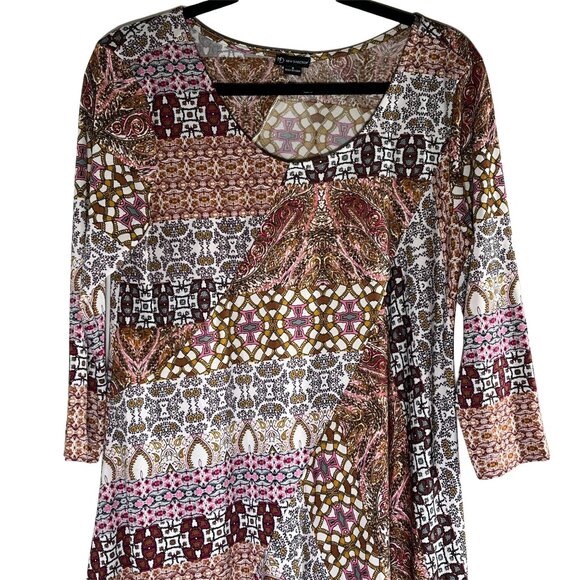 New Directions Boho Swing Dress Small Brown Pink Patchwork Fall Flare - Picture 2 of 12